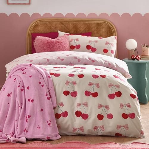 Catherine Lansfield Cherries and Bows Reversible Single Duvet Cover Set with Pillowcase Pink - Image 1