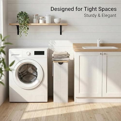efluky Slim Laundry Basket with Lid, Narrow Laundry Hamper with Removable Bag, Skinny Dirty Clothes Basket with Bamboo Handles for Bathroom, Bedroom & Laundry Room, 65L Beige thumbnail 2
