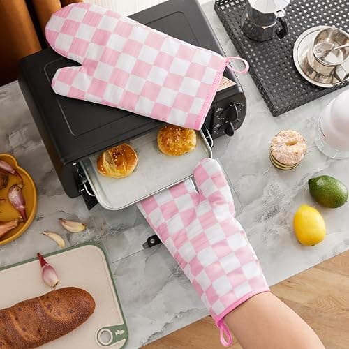 Ohocut Pink Checkered Oven Mitts Heat Resistant, Vintage Retro Checkerboard Cute Oven Mitts, Non-Slip Silicone Kitchen Gloves 1 Pair 7''x13'' thumbnail 3