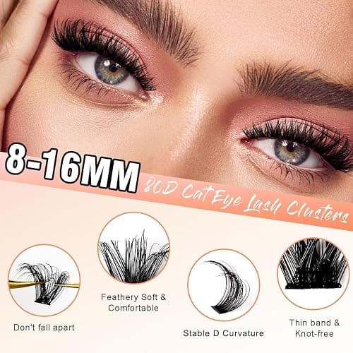 SOFENIDA Lash Clusters 80D Cluster Eyelash Extensions 8-16mm Cat Eye Wispy Eyelash Clusters 12 Pairs D Curvature Eyelash Clusters Left & Right Diy Lash Extension at Home thumbnail 2