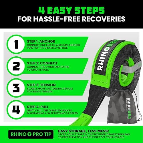 Rhino USA Recovery Tow Strap (2" x 20') - 20,024lb Break Strength - Emergency Recovery Strap Tow Rope for UTV, ATV & More - Heavy Duty Towing Strap for Offroad 4x4 Use - Compatible with RZR and Can-Am thumbnail 6