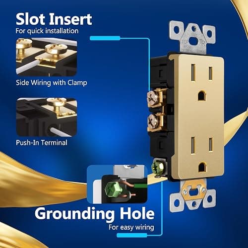 LIDER Child Safe Tamper-Resistant Wall Outlet with Screwless Brushed Wall Plate, Residential Grade, 15A 125V, LR15-TR-GDSBWP, UL Listed, Thermoplastic, Matte Gold thumbnail 6