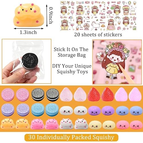 30pcs Taba Squishy Toys Kit, Mini Kawaii Squishy Stress Relief Fidget Toys for Party Favors Birthday Gifts, Include Cookies, Hamster, Strawberry Toys & 20 Sheets Stickers thumbnail 3