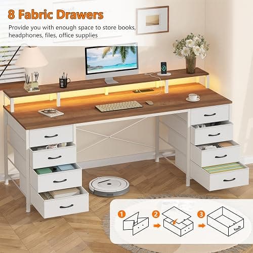 60" Computer Desk with 8 Drawers & Monitor Stand for Home Office, Bedroom | Gaming Desk with LED Lights & Power Outlets, Home Office Desk with 8 Fabric Drawers, Brown & White thumbnail 3