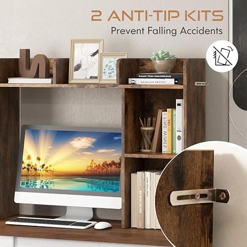 Tangkula Desktop Bookshelf, Countertop Storage Hutch with 5 Shelves for Computer Desk, 3-Tier Display Rack, Multipurpose Wood Desktop Hutch Storage Organizer for Dorm Office, Brown thumbnail 7