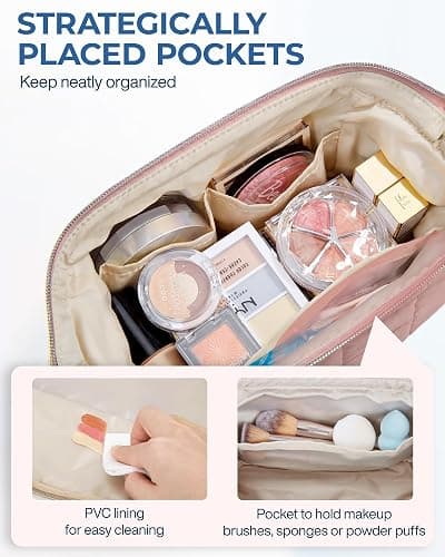 BAGSMART Makeup Bag Travel Toiletry Bag, Puffy Padded Make Up Bags for Women Makeup Organizer Case, Wide-open Pouch Purse Travel Essentials Toiletries Accessories Brushes, Dark Pink thumbnail 4