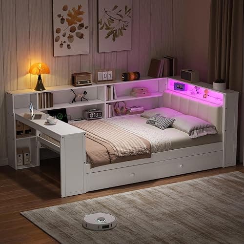 Merax Multifunctional Twin Size Daybed with Trundle, Built-in Desk, Wood Corner Bed with 8 Storage Shelves, Charging Station, and Upholstered Headboard, Beige + White thumbnail 3