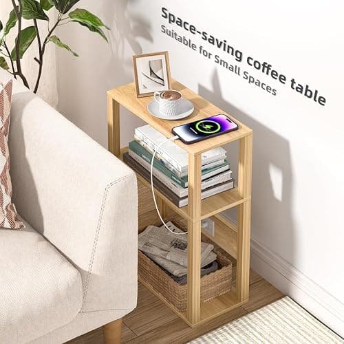YUFAM 3 Tier Small Narrow Bamboo Side Table Set of 2 with Charging Station - Skinny Nightstand for Small Spaces, Slim Bedside Table with USB Ports and Outlets - Thin End Table with Storage, Natural thumbnail 5