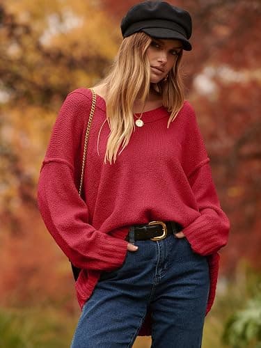 ANRABESS Women's Oversized Casual Loose Slouchy Scoop V Neck Batwing Long Sleeve Knit 2025 Fall Pullover Sweaters thumbnail 2