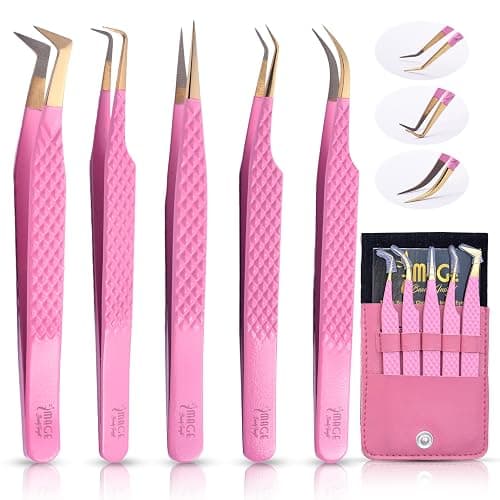 5 Pcs Fiber-Tip Japanese Steel Lash Tweezer Set with Leather Case, Professional Eyelash Tweezers for Lash Extensions – Titanium Coated, 90 & 45 Angled, Precision Pointed Tweezers (PINK) - Image 1