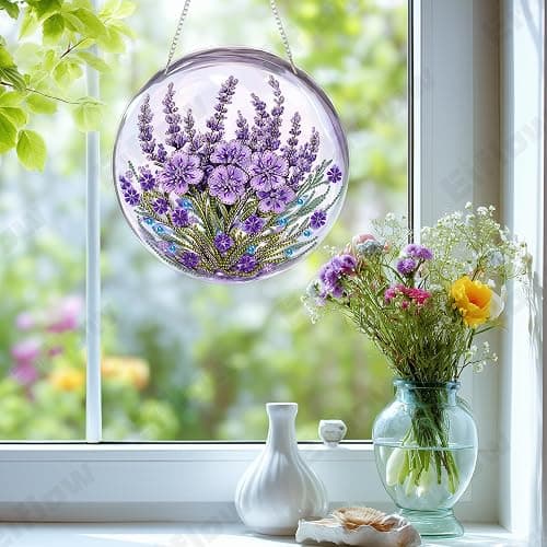Eiflow DIY Hanging Diamond Art Kit Purple Flower, Acrylic Diamonds Painting Pendant Board Kit, 5D Gem Art Ornament Kit for Adults, Double Sided(9.4x9.4inch) thumbnail 4