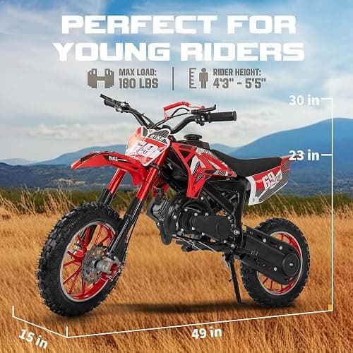 Kids Dirt Bike 49CC 2-Stroke Gas Powered Off Road Dirt Bike, Tire Shock Absorber Spring Soft Seat Cushion with Front and Rear Disc Brake Max Speed 28 MPH thumbnail 6