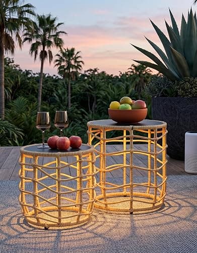 PARTPHONER Boho Solar Outdoor Side Table with Built-in Lights Set of 2, All-Weather Wicker Nesting Tables, Round Waterproof Accent End Table Design for Patio, Porch, Garden & Balcony, Natural Brown thumbnail 6