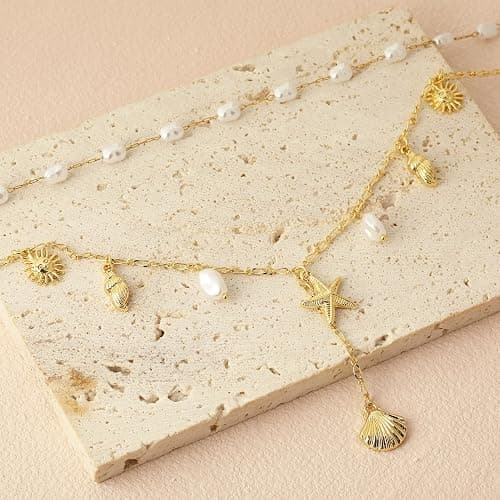 Shell Charm Necklace For Women Stack Seashell Pearl Dainty Starfish Beach Layered 14k Gold Plated Pendant Summer Boho Jewelry Gifts thumbnail 5
