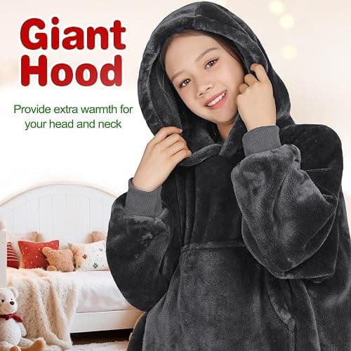 Waitu Wearable Blanket for Kids, Cozy Wearable Blanket Hoodie for Teens Girls Boys, Warm Blanket Sweatshirt Gift for Teenage, Hoodie Blanket with Sleeves and Giant Pocket - Dark Gray thumbnail 5