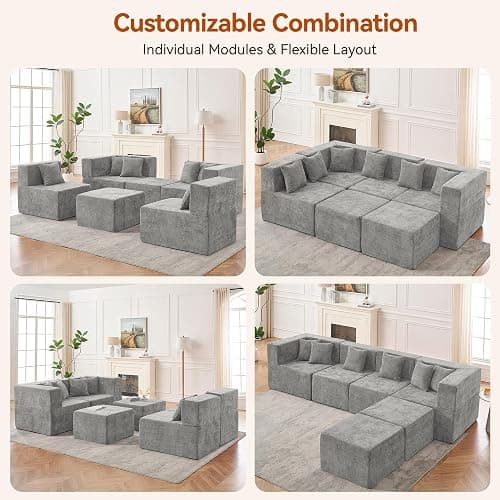 MONVANE Modular Sectional Cloud Couch for Living Room - 130'' 6 Seater Convertible Chenille Couches Set with Ottoman, No Assembly Compression Sofas, Comfy Floor Sofa with Memory Foam, Light Grey thumbnail 4