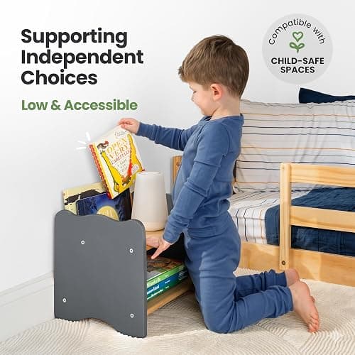 Ocodile Kids Nightstand for Floor Beds, Solid Wood Small Bedside Table with Book Pocket, Low Tiny Nightstand for Nursery, Toddler & Kids Room, Montessori Style Side Table - Gray thumbnail 6
