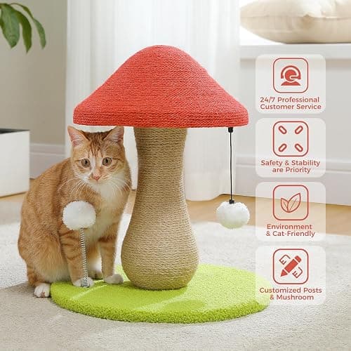 PETEPELA Mushroom Cat Scratching Post, Cat Scratcher Cute with 100% Sisal Covered Scratching Post & Pompoms Toy, Mushroom Cat Post for Indoor Cats thumbnail 7