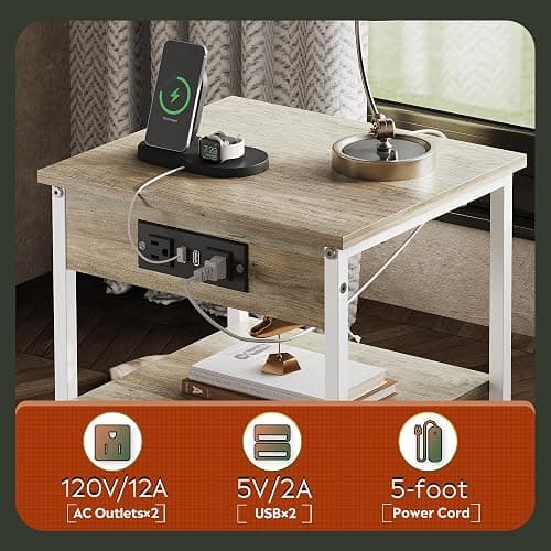 WLIVE Side Table with Charging Station and USB Ports, Small End Tables for Small Spaces, 3-Tier Nightstand with Adjustable Shelf, Bedside Tables, Living Room, Bedroom, Greige thumbnail 6