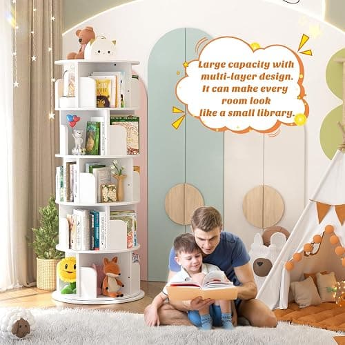 Aheaplus Rotating Bookshelf, 360 Display Wood Spinning Bookshelf Tower, 5 Tier Floor Standing Bookcase Storage Rack, Revolving Bookcase Corner Bookshelfs for Small Space, Bedroom, Study Room, White thumbnail 4