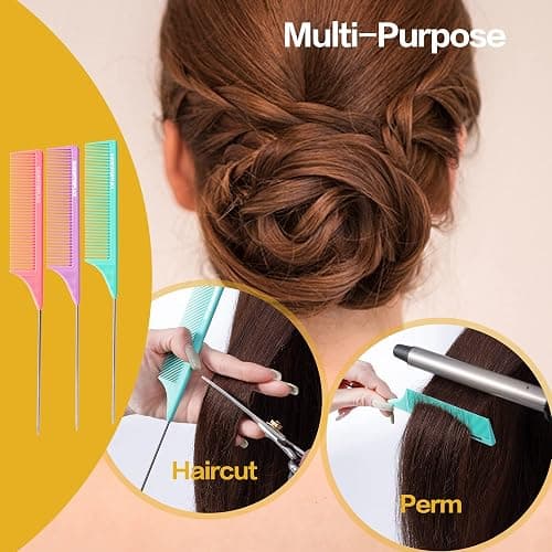 Goodofferplace 3 PCS Rat Tail Combs with Metal Pick for Braiding,Parting | Parting Rattail Teasing Comb,for Women Girls Curly Hair Detangling,Fine Tooth Comb for Salon Styling Tool(Pink Purple Green) thumbnail 5