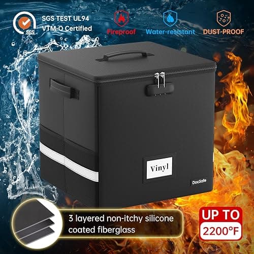 DocSafe Vinyl Record Storage Box with Lock,Fireproof＆Water Resistant Record Organizer Storage for 100+ Single Records(12-inch),Collapsible Storage Crate with Lid&Handles for Valuable Album Collection thumbnail 3