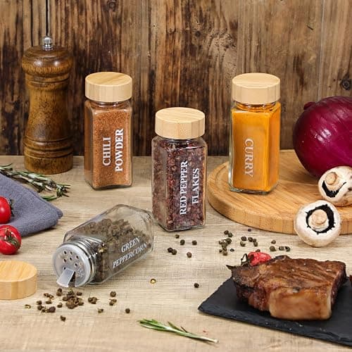 NETANY 24 Pcs Glass Spice Jars with Bamboo Lids, 4 oz Glass Jars with Minimalist Farmhouse Spice Labels Stickers, Collapsible Funnel, Seasoning Storage Bottles for Spice Rack, Cabinet, Drawer thumbnail 2