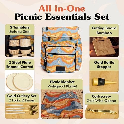 Lax & Daisy Travel Picnic Backpack for 2 Persons - 14 Piece Set Cooler Bags Insulated for Beach, Camping, Hiking & Parks with Blanket, Tumblers, Plates, Gold Cutlery & Cutting Board (Sun Moon Print) thumbnail 3