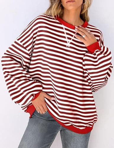 UEU Women Oversized Striped Crewneck Sweatshirt Long Sleeve Color Block Pullover Tops Casual Loose Workout Shirt thumbnail 2