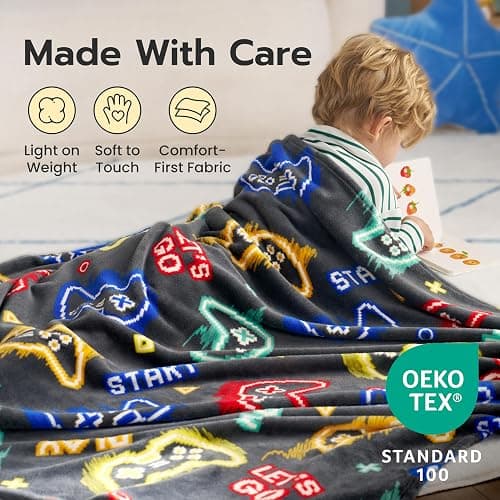 Joiedomi Glow in The Dark Gaming Blanket Gamer Gifts for Boys Age 2 3 4 5 6 7 8 9 10 11 12 Year Old, Soft Cozy Flannel Kids Throw Blanket, Birthday Bedroom Decor Grey 50"×60" thumbnail 5