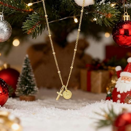 Turandoss Christmas Gifts for Teen Girls, Dainty 14K-Gold-Plated Cross Initial Disc A-Z Pendant Necklace, Trendy Faith Jewelry Birthday Christmas Gifts for Women Girls thumbnail 6