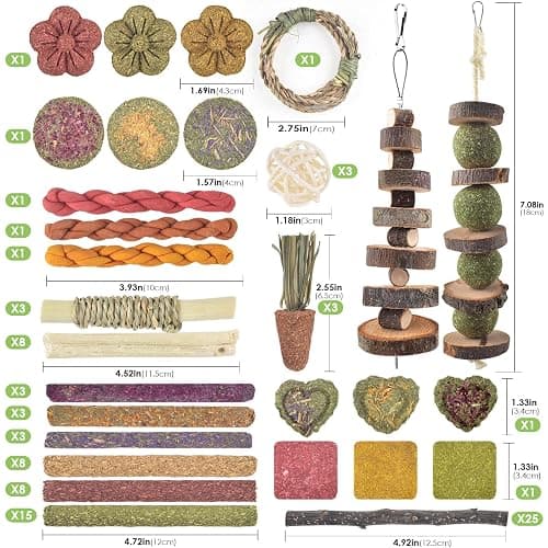 ERKOON Bunny Toys Boredom, 100 PCS Bunnies Timothy Hay Sticks Carrots Rose Grass Cake Dental Care, Molar, Chinchillas Toy Chew Toy, Guinea Pigs, Hamsters, Chinchilla, Rabbit Chew Toys for Teeth thumbnail 2