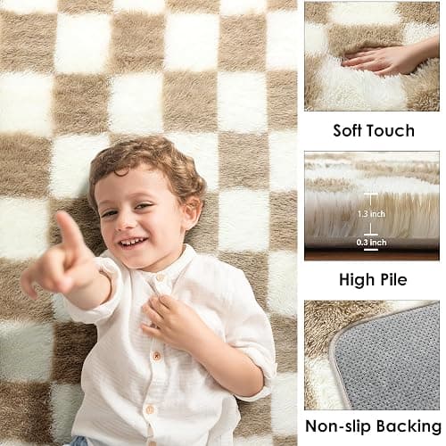 KICMOR Area Rugs for Bedroom Living Room, 4x6 Fluffy Soft Beige and Cream White Checkered Rug Fuzzy Shag Shaggy Carpet, Indoor Plush Rugs for Kids Boys Girls Dorm Nursery Office Home Decor Aesthetic thumbnail 2