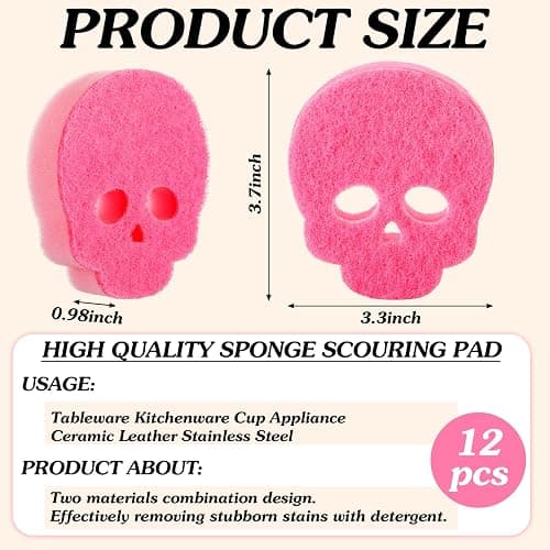 Tioncy 12 Pack Skull Kitchen Sponges Bulk Dual Sided Scrubber Pink Sponges Dishwashing Skull Kitchen Accessories Dish Scouring Black, White thumbnail 2