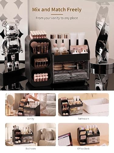 Booklov Makeup Organizer for Vanity, Large Capacity Cosmetic Display Case with Drawers, Countertop Beauty Storage Holder for Skincare, Brush Eyeliner Perfume Eyeshadow Lipsticks, Counter Desk, Black thumbnail 8