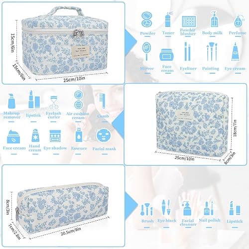 Makeup Bag, Large Quilted Cosmetic Bag, Big Floral Make Up Bag for Women Girls, Cute Cotton Makeup Bag Set, Flower Travel Toiletry Organizer Bag (Blue Flower) thumbnail 3