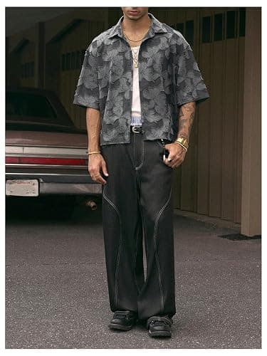 BEAUDRM Men's Floral Button Down Crop Shirt Half Sleeve Collared Cropped Top Streetwear 70s Hippie Shirts thumbnail 5