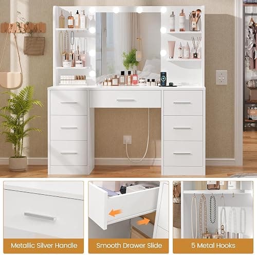 Quimoo Large Vanity Desk with LED Lighted Mirror & Power Outlet,Makeup Vanity Table with 7 Drawers,4 Shelves and 5 Hooks,Vanity Table, Vanity Desk Set for Bedroom,Bathroom,White thumbnail 7