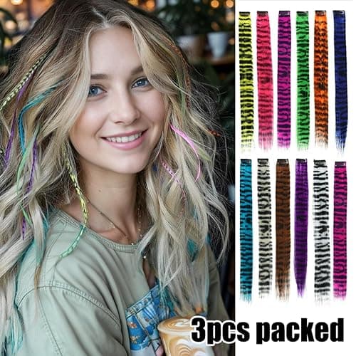 kudois 3Pcs Stripe Printed Wig Piece Colorful Long Straight Clip-in Hair Extensions for Daily Use Party Halloween thumbnail 6