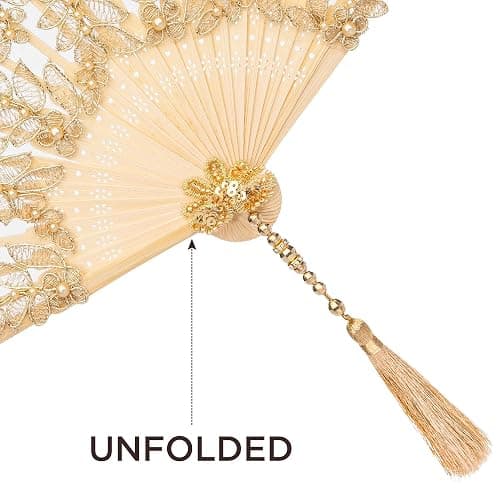 BABEYOND Lace Hand Fan Non-Foldable Vintage Bridal Handheld Fans with Rhinestone and Embroidered for Wedding Decoration Dancing Party (C-gold) thumbnail 6