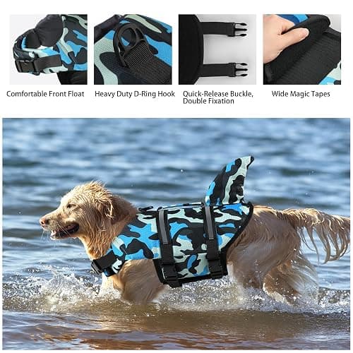 Dogcheer Dog Life Jacket Shark, Ripstop Dog Life Vest for Swimming Boating with Reflective Stripes & Rescue Handle, High Buoyancy Pet PFD Swim Vest for Small Medium Large Dogs - Camo Blue, XS thumbnail 6