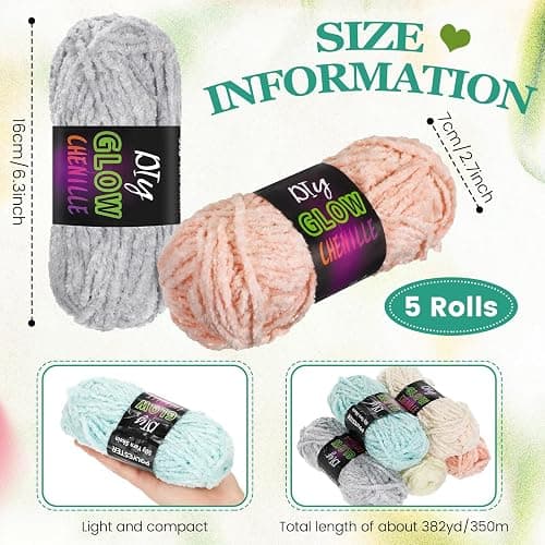Fanfanwin 5 Rolls Glow in The Dark Chenille Yarn Luminous Crochet Fancy Yarn Glow Sewing Craft for DIY Arts Winter Christmas Knitting Crocheting Supplies 76.5 Yard Per Roll(Vibrant Colors) thumbnail 3