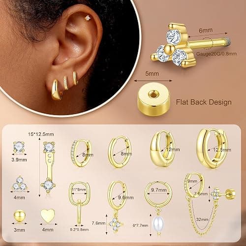 Turandoss 13 Pairs Gold Hoop Earrings for Women, Hypoallergenic 14K Gold Plated Hoop Stud Huggie Pearl Earring Set, Dainty Flat Back Cartilage Earring Stacks for Multiple Piercings thumbnail 4