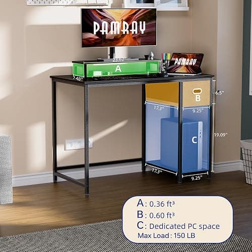 Pamray 39 Inch Computer Desk with Monitor Stand Small Home Office Desks with Non-Woven Storage Drawer for Bedroom Study Table Writing and Work Desk Black thumbnail 6