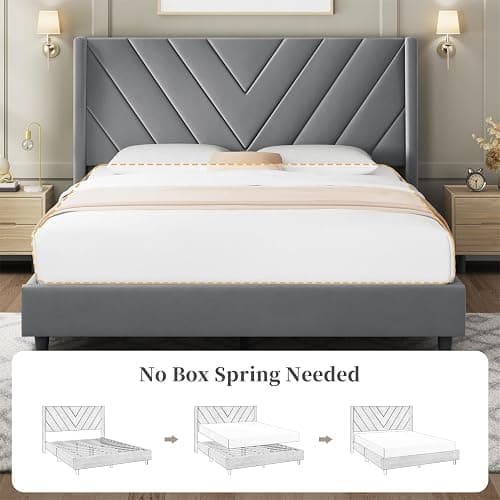 Yaheetech Queen Bed Frame Upholstered Platform Bed with Wing Side/Wooden Slat Support/Tufted Headboard with Wing Side/Mattress Foundation/No Box Spring Needed,Light Grey Queen Bed - Light Grey - Queen thumbnail 7