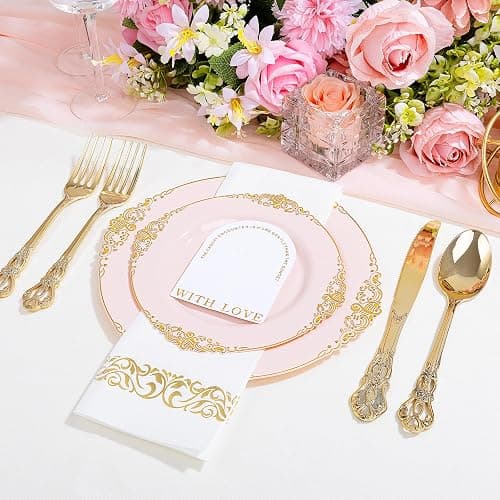 Ciaell 300PCS Pink and Gold Plastic Plates - Pink Disposable Dinnerware Sets for 50 Guests - 100 Plates, 50 Knives, 50 Forks, 50 Spoons, and 50 Napkins for Wedding, Anniversary & Party thumbnail 2
