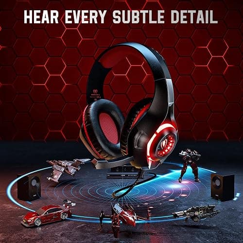 Tatybo Gaming Headset for Ps4 Ps5 Xbox One Switch PC with Noise Canceling Mic, Deep Bass Stereo Sound (Black Red) thumbnail 2