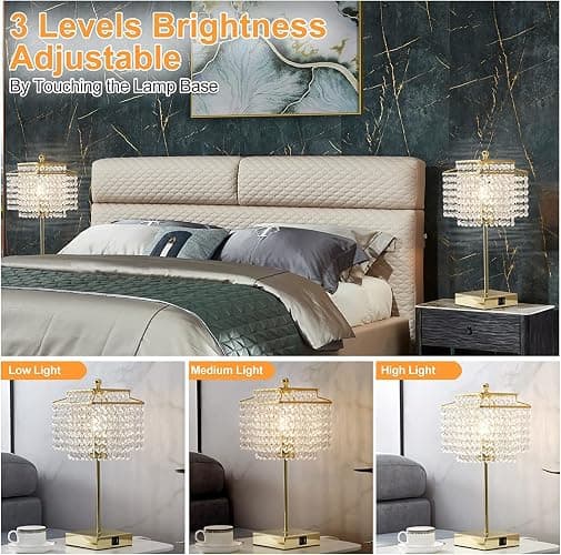 Luvkczc Crystal Touch Table Lamp, Bedside Lamps with with USB C+A Ports, Gold Bedroom Lamp, Dimmable Lamp with Crystal Shade, Nightstand Lamps for Bedroom, Living Room, Bulb Included thumbnail 5