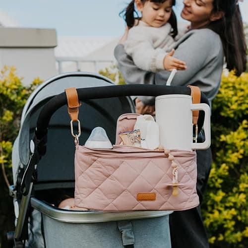 Beautiful Stroller Caddy Organizer With 2 Cup Holders – Luxury Stroller Bag, Universal Fit, Leather Straps & Zipper Pocket – Spacious Accessories Perfectly Fits Doona, Nuna & Uppababy Strollers thumbnail 7