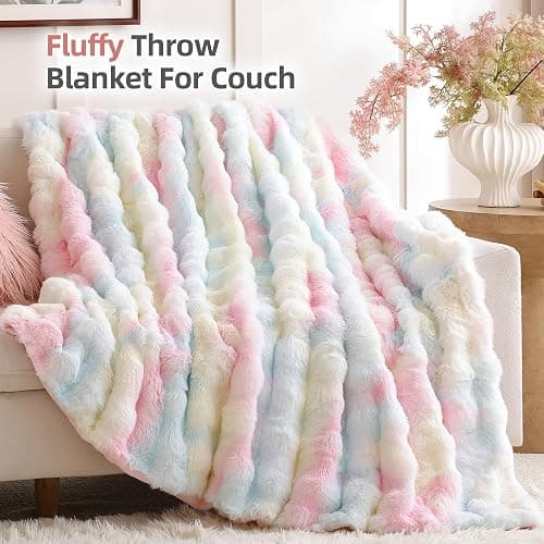Smoofy Faux Fur Throw Blanket for Couch – Rainbow Fluffy Cozy Rabbit Fleece, Plush Soft Bubble Blanket for Sofa & Bed, for Mom, Warm Fuzzy Home Room Decor Throw 50" x 60" thumbnail 4